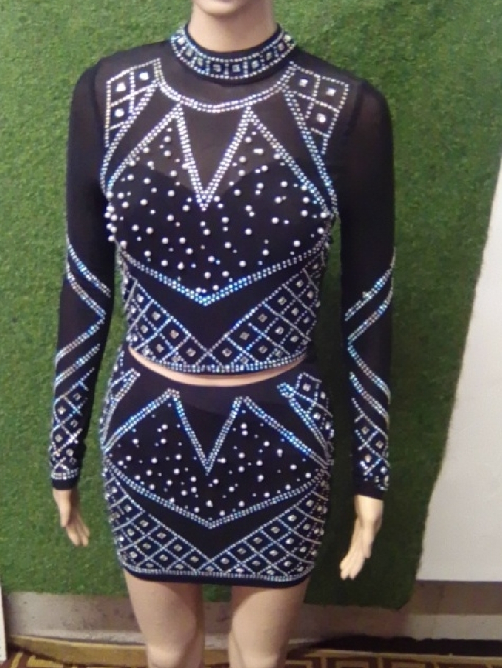 Banjul Black Mini Skirt Set with Blue & Silver Embellishments